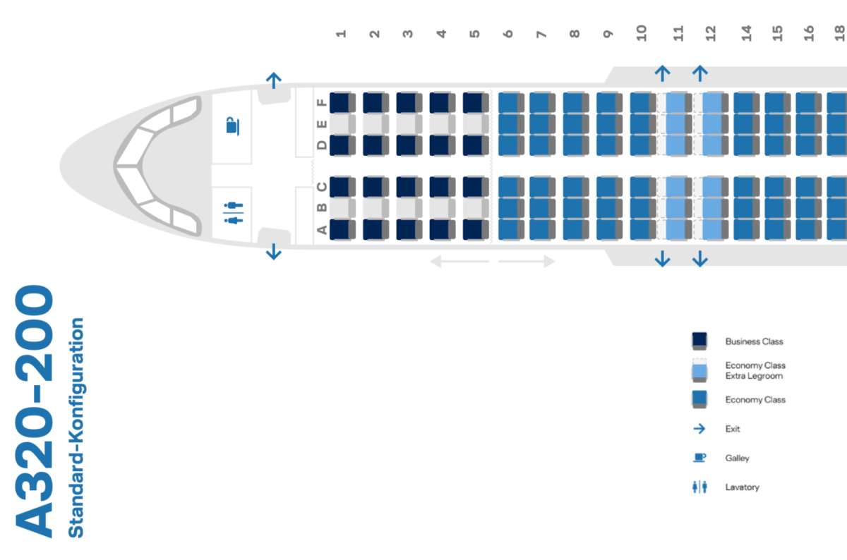 Discover Airlines Airbus A320 Business Class seat map on short-haul route