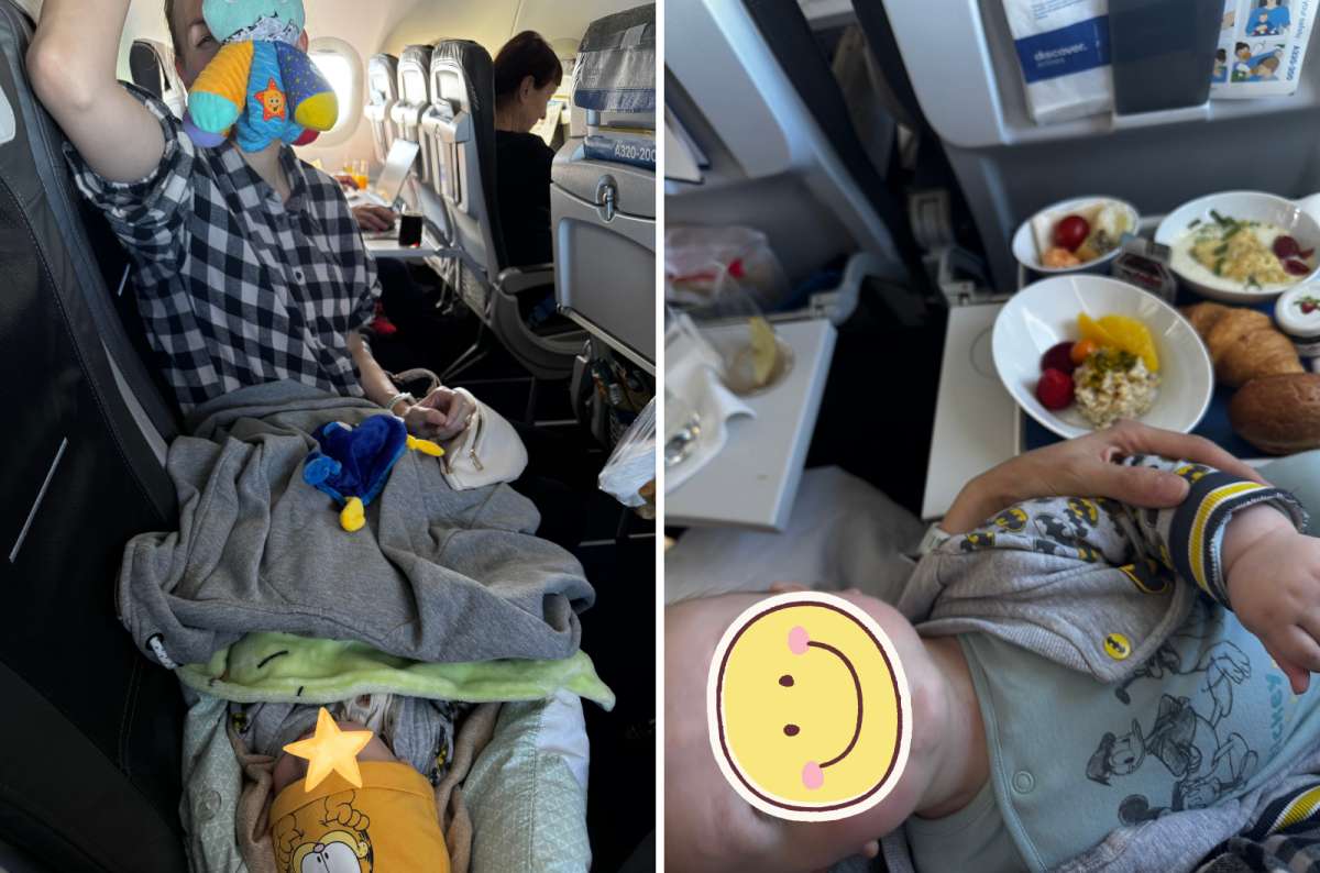 Infant lying across Discover Airlines Business Class seats on Airbus A320 with extra legroom, photo by Next Level of Travel