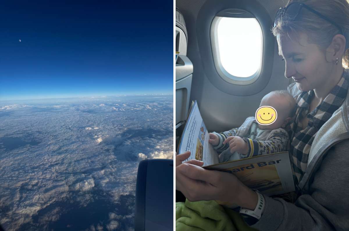 View from aeroplane window above clouds and passenger reading onboard magazine with infant on Discover Airlines flight, photo by Next Level of Travel
