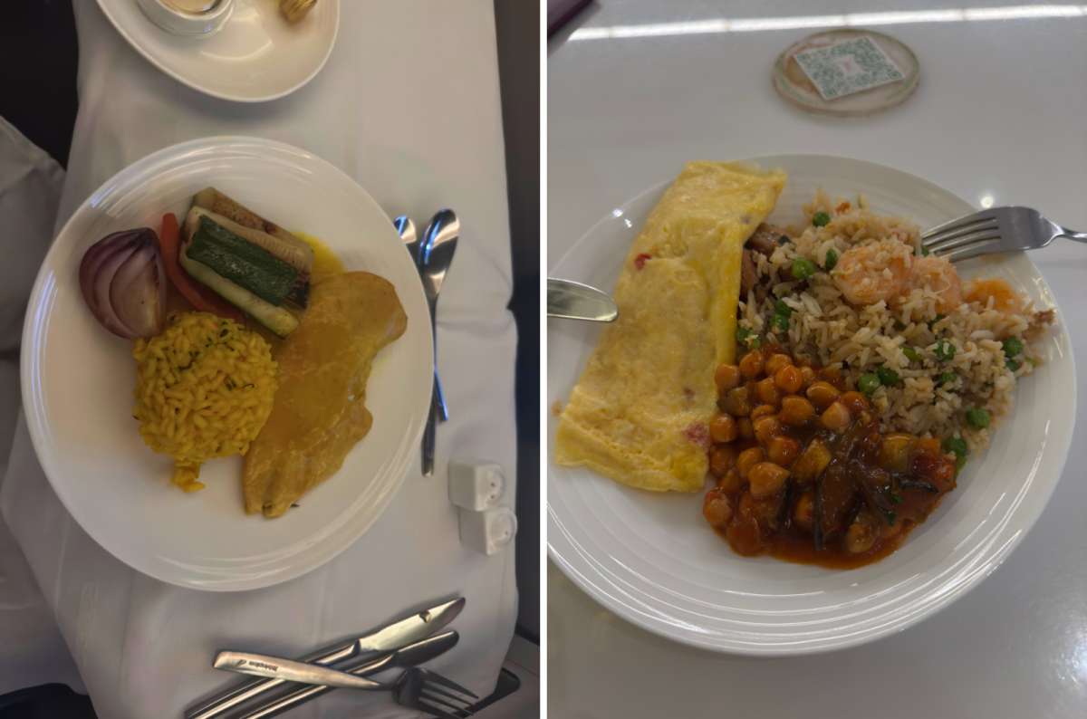  a collage of photos of the main courses on an Ethiopian Airlines business class flight, photo by Next Level of Travel