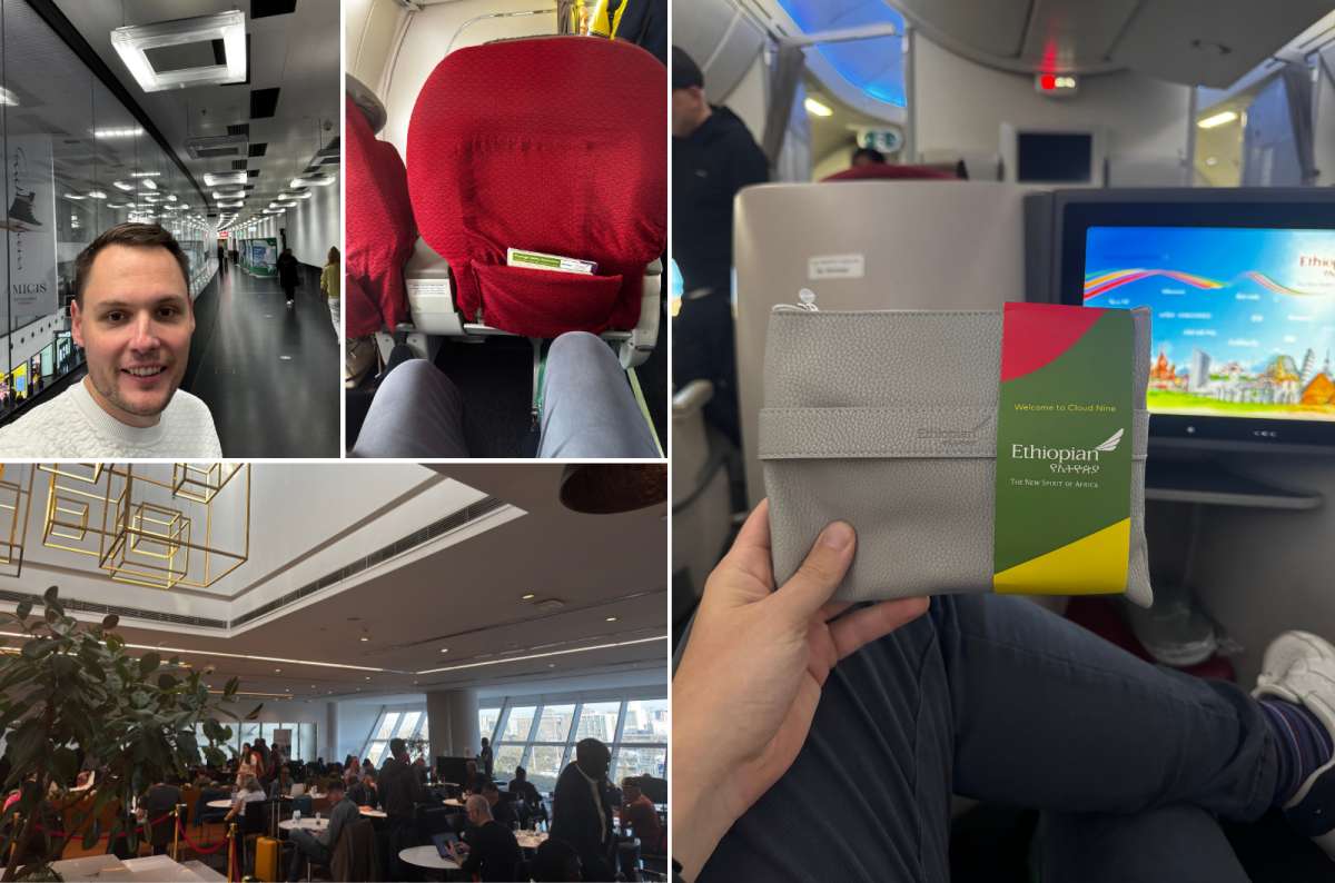 a collage of photos from Ethiopian Airlines and the lounge, photo by Next Level of Travel