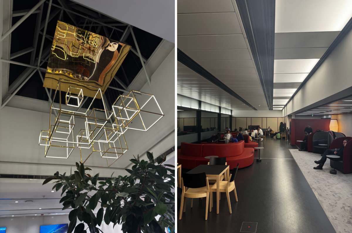 a collage of photos from the Cloud Nine Lounge showing the interior and light fixtures, photo by Next Level of Travel