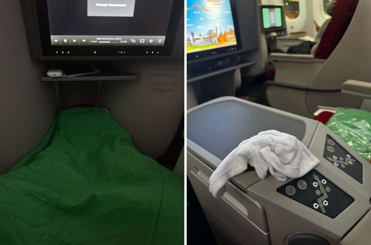 a collage of photos from the Ethiopian Airlines Dreamliner flight, focusing on the seats, photo by Next Level of Travel
