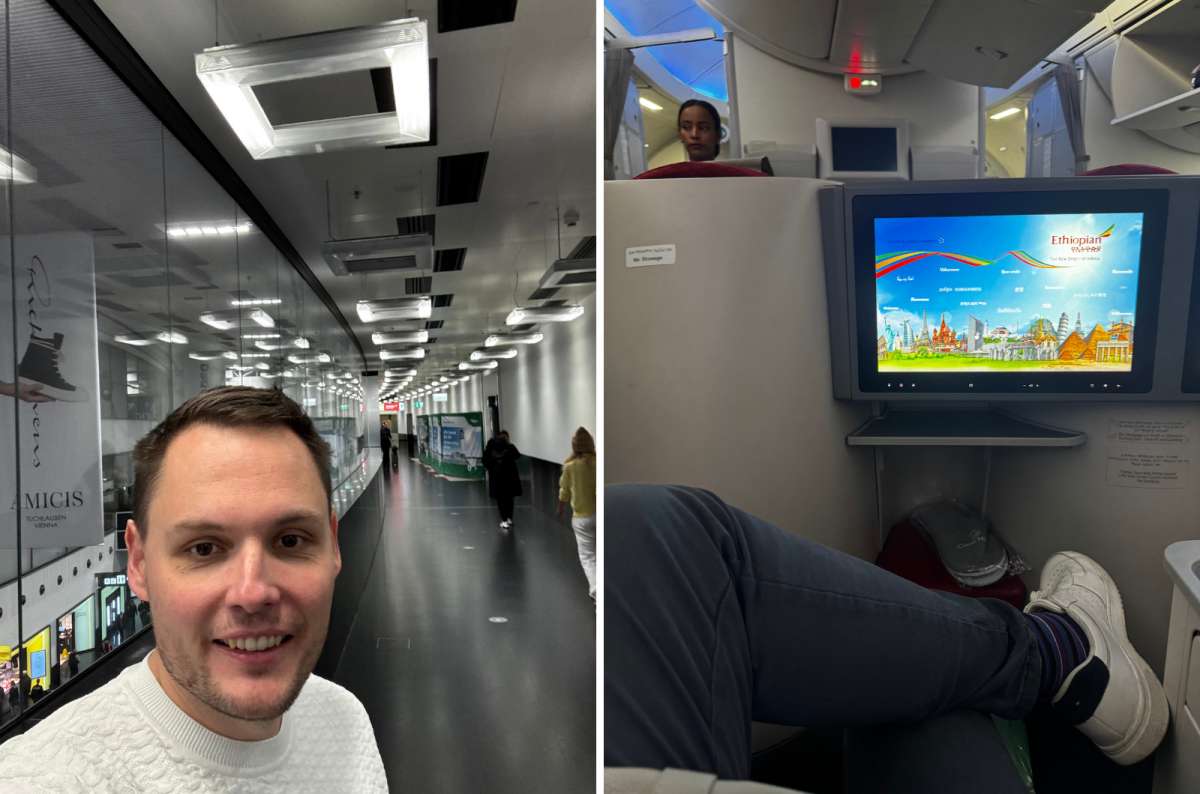 a collage of photos of a tourist at the airport and a photo from the inside of the plane on Ethiopian Airlines, photo by Next Level of Travel