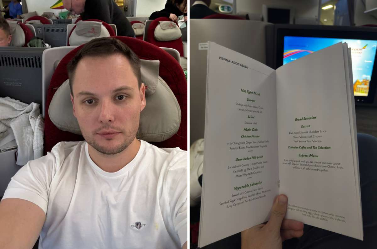 a collage of photos of a tourist on the Ethiopian Airlines Dreamliner flight and a photo of the menu on the plane, photo by Next Level of Travel