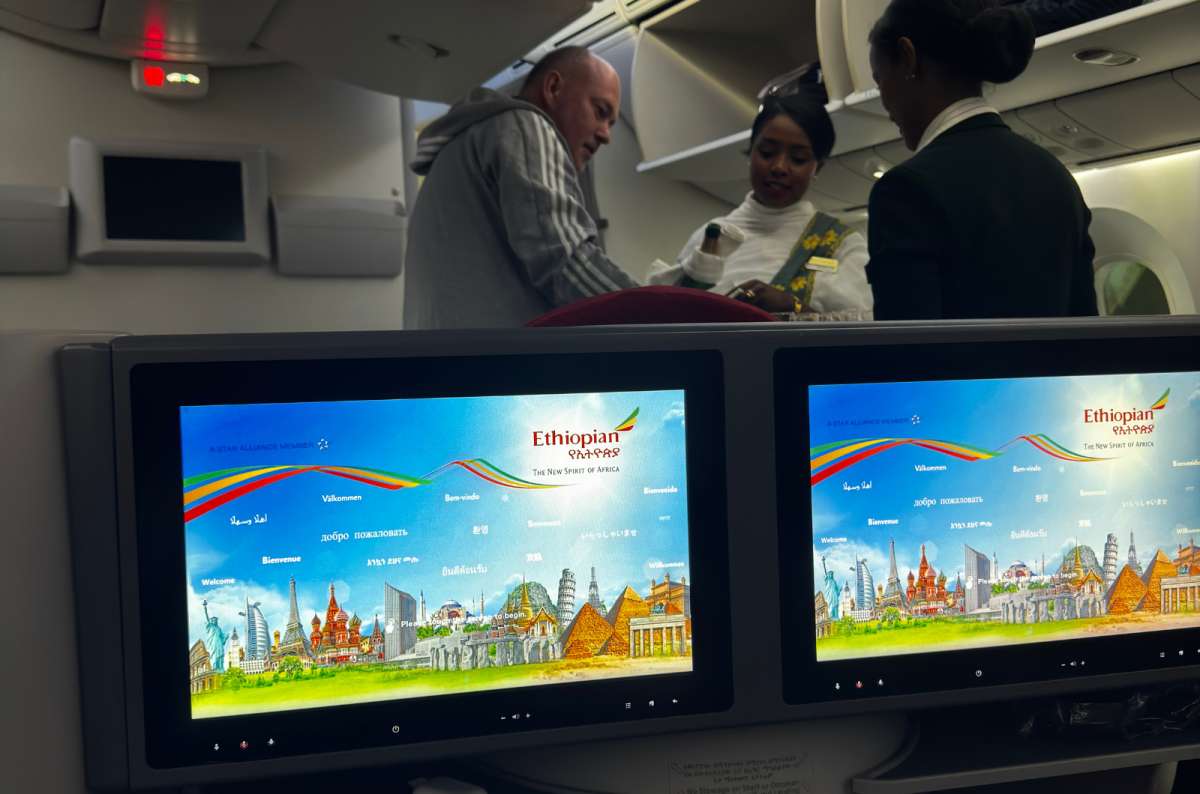 a collage of photos showing the aesthetics of the inside of the plane and the color scheme of Ethiopian Airlines, photo by Next Level of Travel
