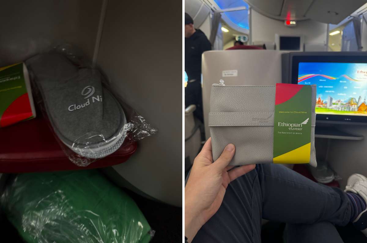 a collage of photos showing the amenity kit on the Ethiopian Airlines business class flight, photo by Next Level of Travel