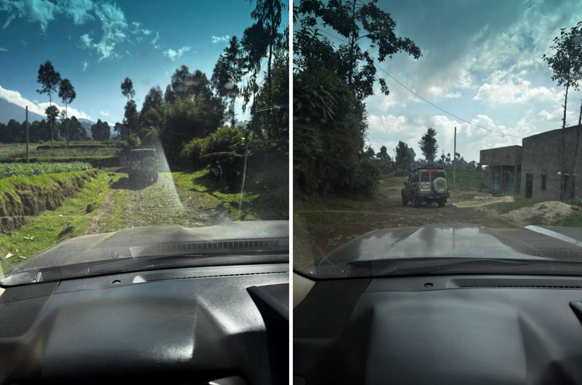 a collage of photos with a view from a car en route to gorilla sighting spot, Rwanda, photo by Next Level of Travel