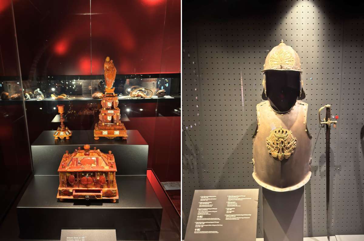 Amber religious artifacts and historic armor on display inside the Malbork Castle Museum in Malbork, Poland, part of the famous amber collection, photo by Next Level of Travel