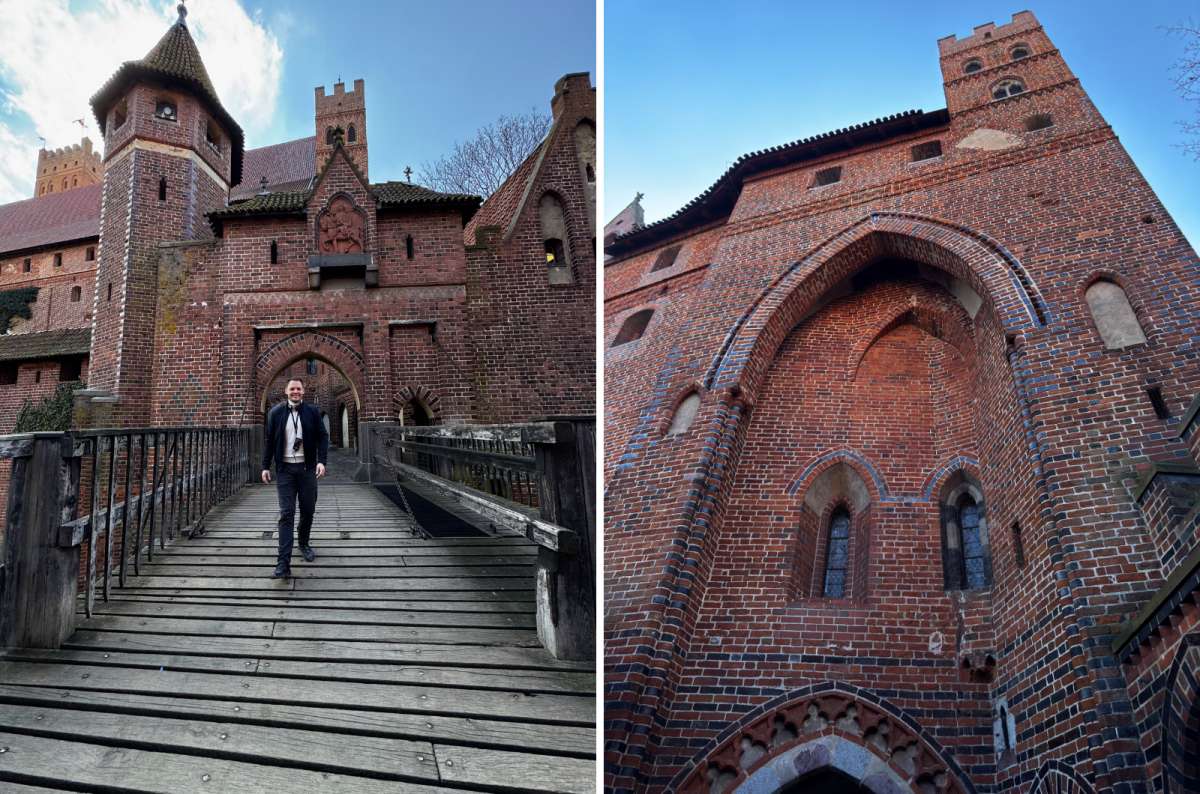 Man walking across the wooden bridge to Malbork Castle in Malbork, Poland, the largest brick castle in the world, reason why is Malbork Castle worth visiting, photo by Next Level of Travel