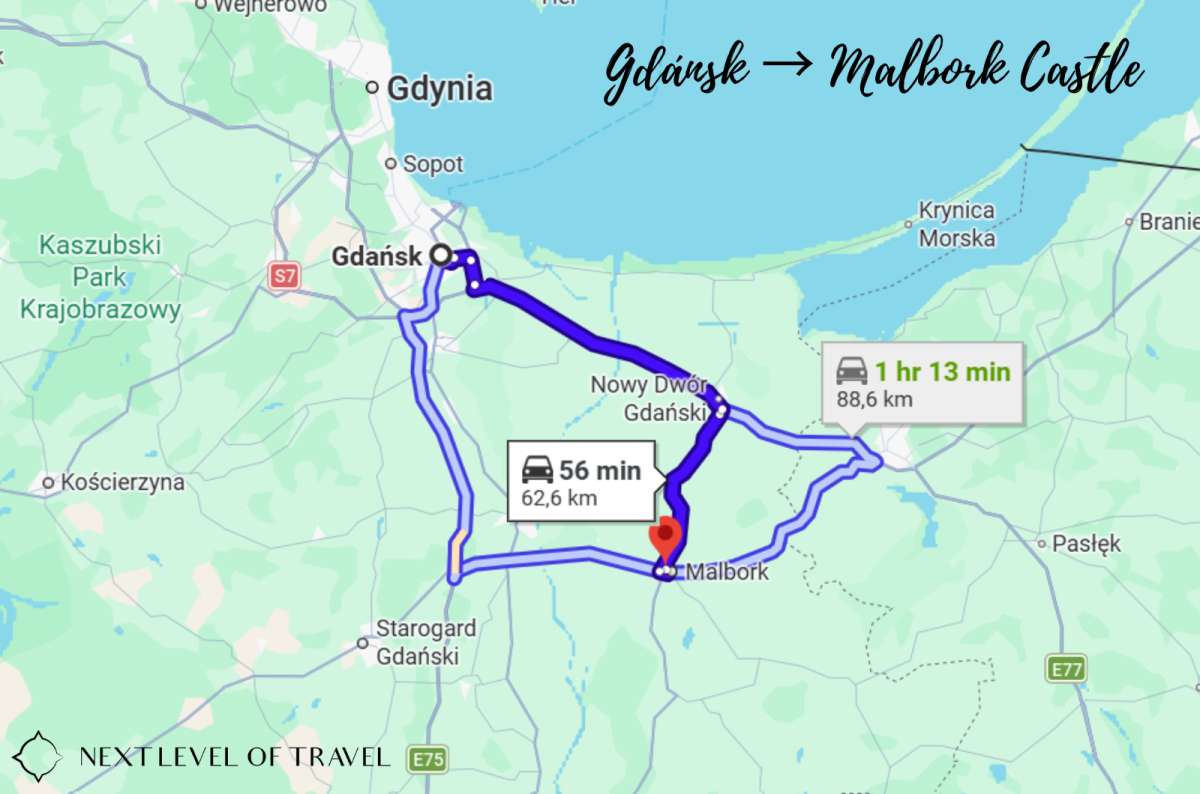 Map showing the driving route from Gdansk to Malbork Castle in Malbork, Poland, about one hour by car, photo by Next Level of Travel