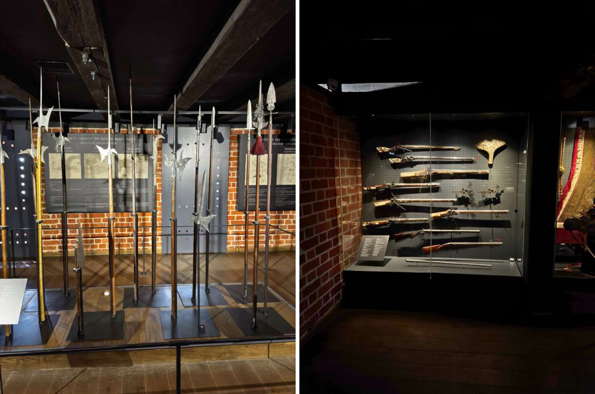 Medieval polearms and early firearms on display inside Malbork Castle in Malbork, Poland, part of the historic armory collection, photo by Next Level of Travel