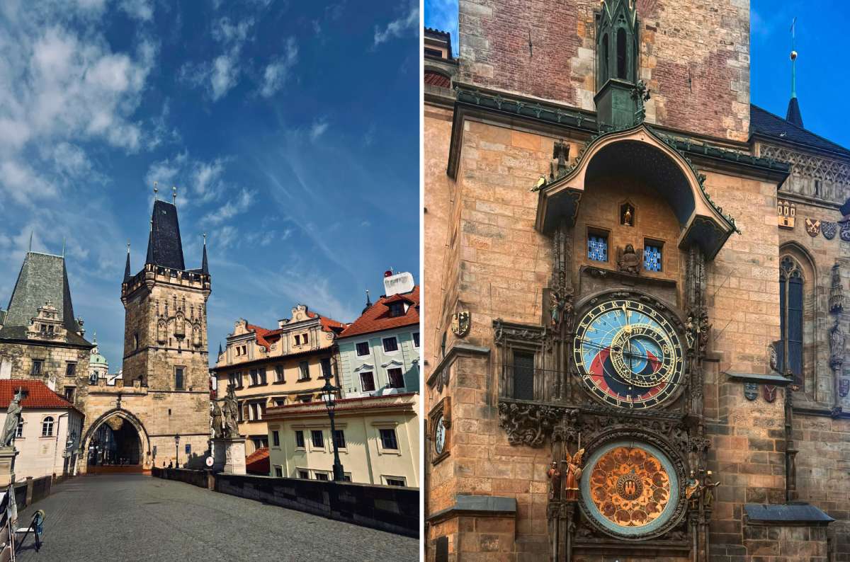 Charles Bridge and the Astronomical Clock in Prague Old Town, historic towers and medieval architecture under a blue sky, Czech Republic