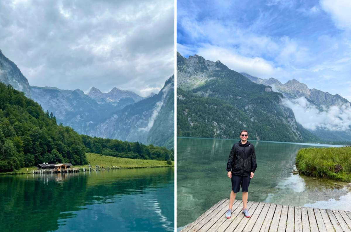 Clear alpine lake surrounded by steep mountains at Königssee, Germany, with a wooden dock and calm green water, photo by Next Level of Travel