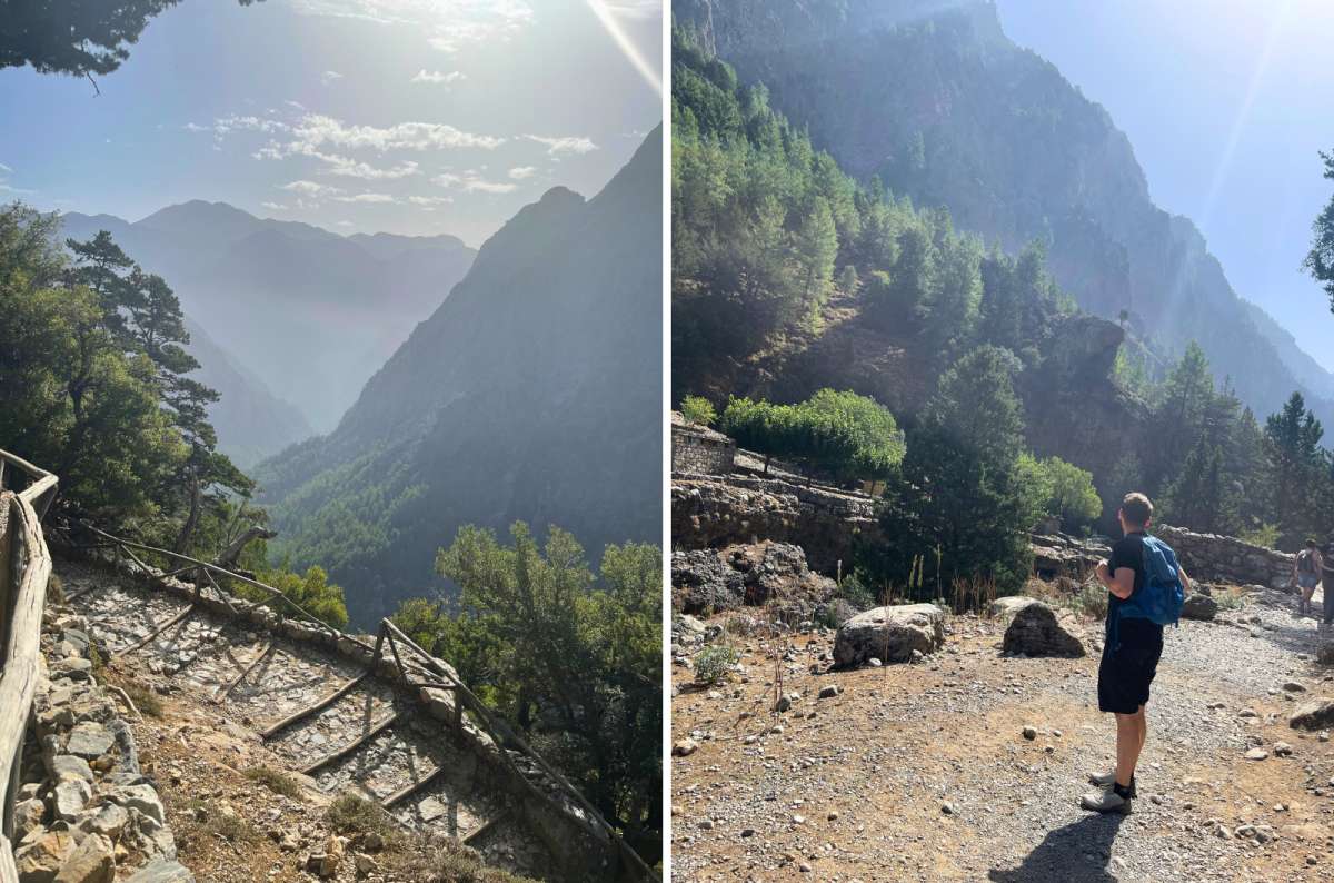 Hiking trail inside Samaria Gorge National Park with steep rocky walls and pine forest, Crete, Greece, photo by Next Level of Travel