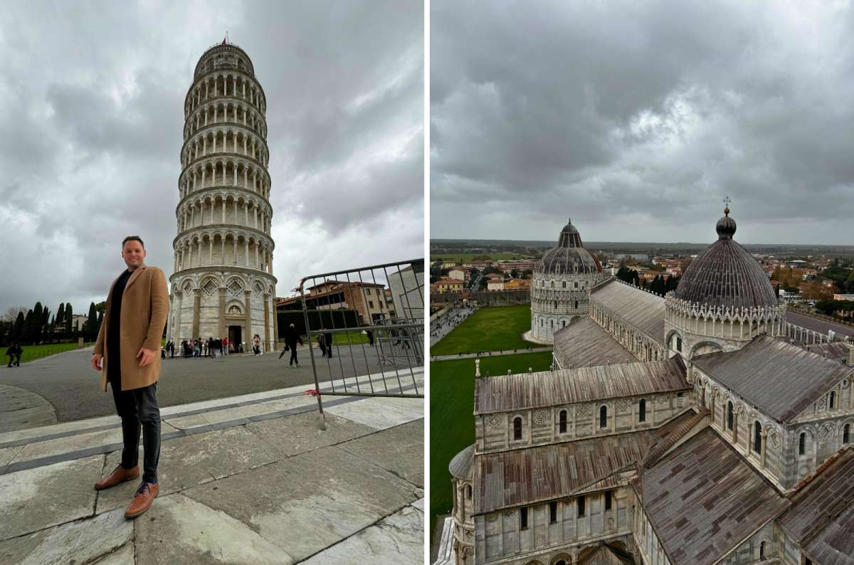 Leaning Tower of Pisa and Pisa Cathedral in Piazza dei Miracoli, Pisa, Italy, under an overcast sky, photo by Next Level of Travel