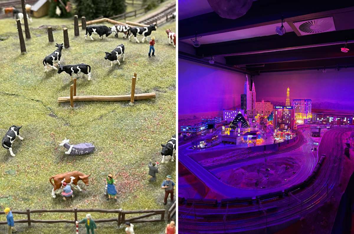 Miniature farm scene with cows and people next to a detailed city model with neon lights, one of the quirky Europe bucket list places, photo by Next Level of Travel