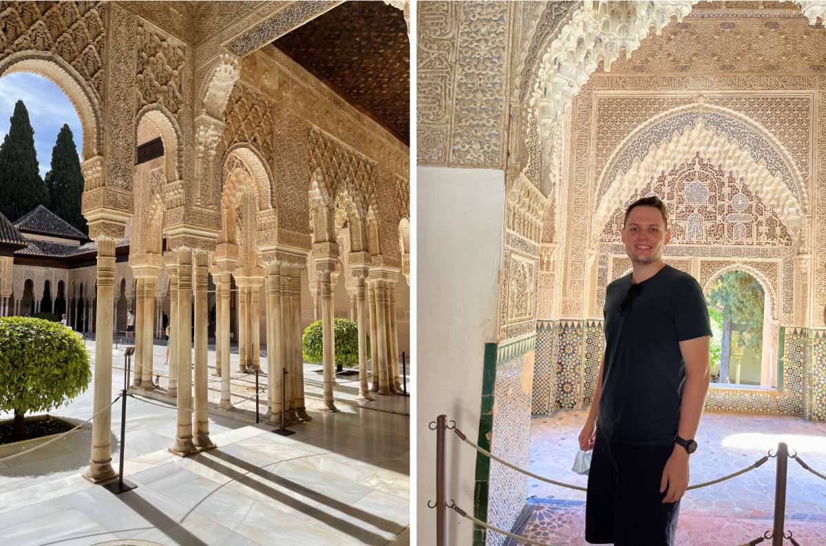 Palace interior details with tourist posting in Alhambra, Spain, photo by Next Level of Travel 