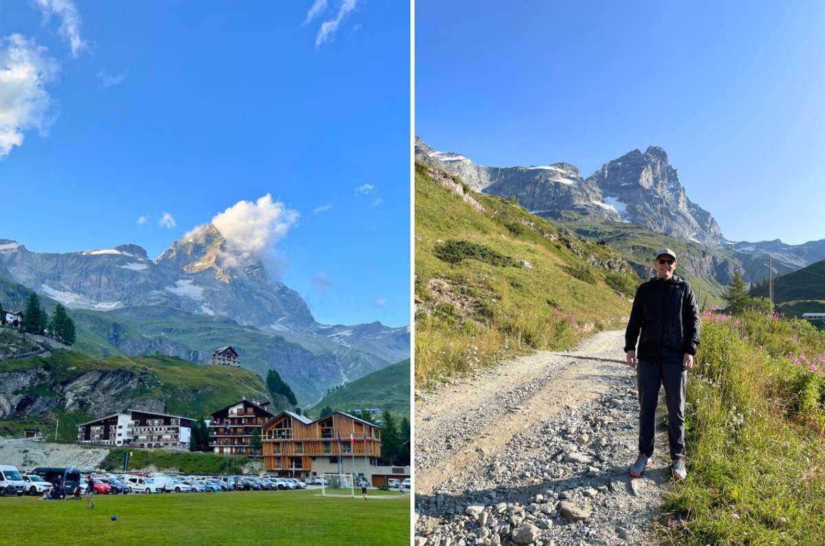 Panoramic view of the Matterhorn from Cervinia in Italy with alpine village and hiking trail, one of the best things to do in Europe, photo by Next Level of Travel