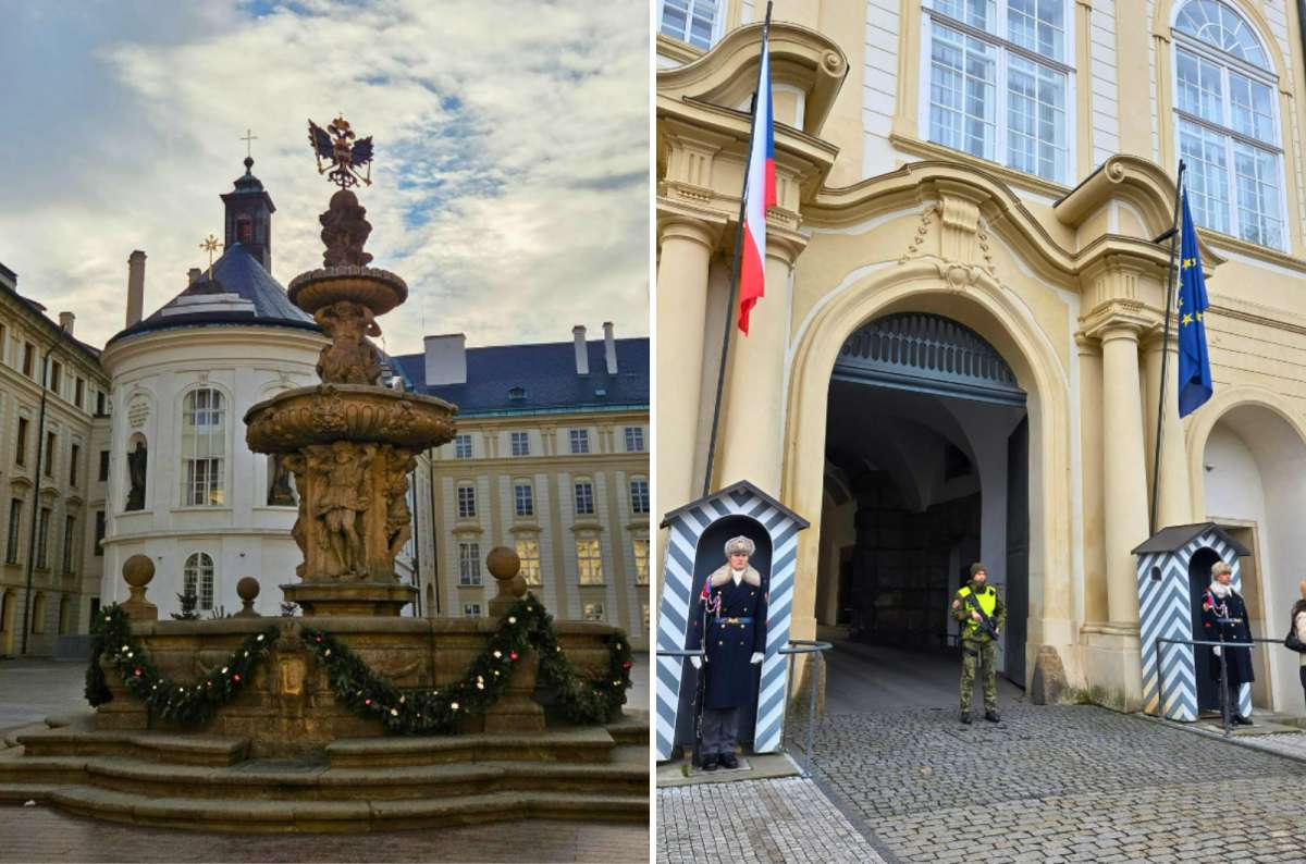 Prague Castle complex with courtyard fountain and main gate guards in Prague, Czech Republic