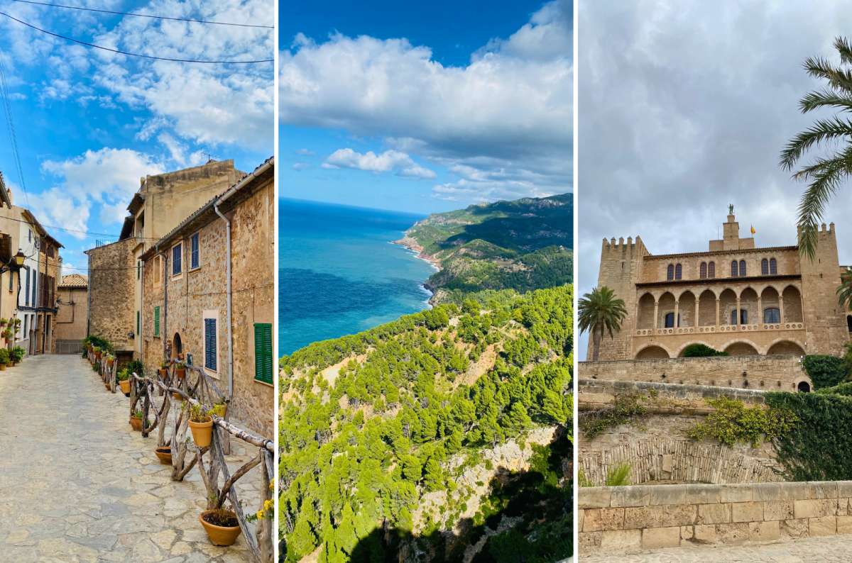Stone village street, coastal cliffs of Serra de Tramuntana, and historic palace architecture on Mallorca Island, Spain, photo by Next Level of Travel