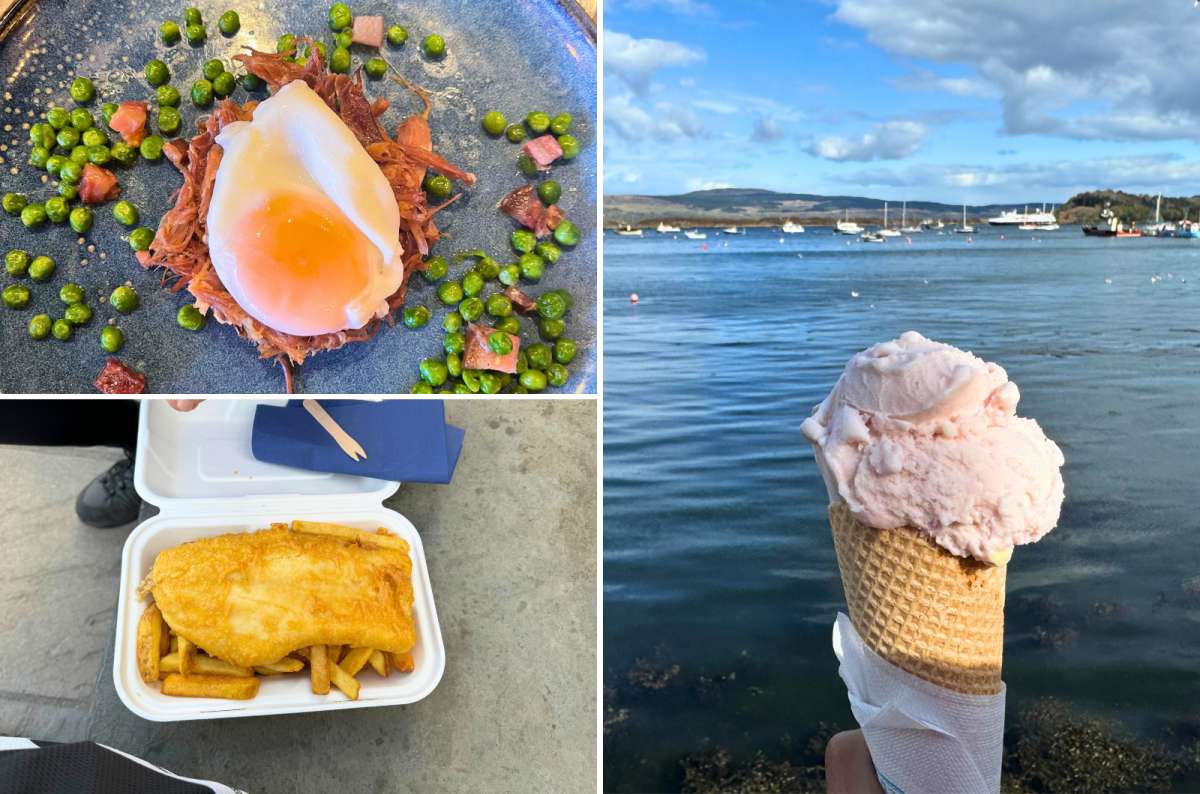 Traditional Scottish food collage with fish and chips, soft-boiled egg dish, and ice cream by the sea, Scotland, photo by Next Level of Travel 