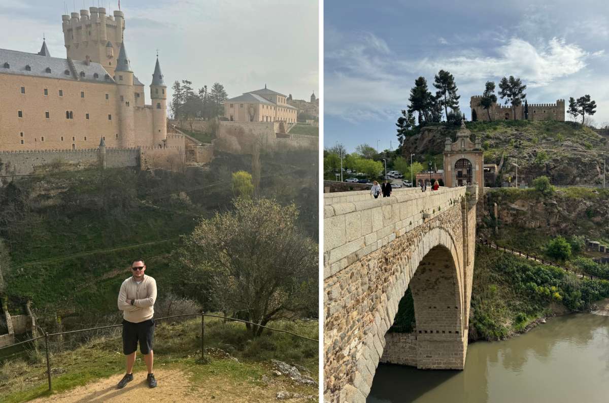 Traveler standing at viewpoint of Segovia castle (left) and bridge in Toledo, Spain, photo by Next Level of Travel