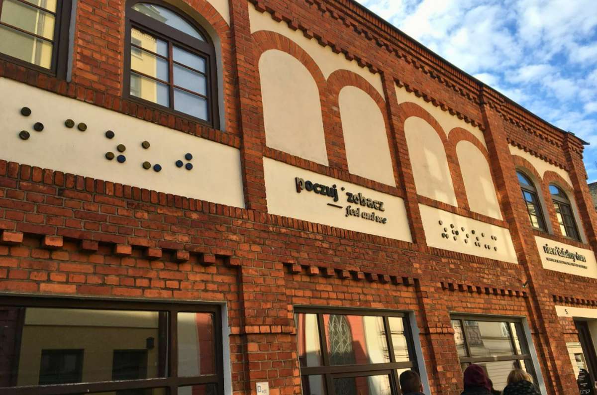 Exterior of the Invisible House on Strumykowa Street in Toruń Old Town, Toruń, Poland, interactive sensory attraction