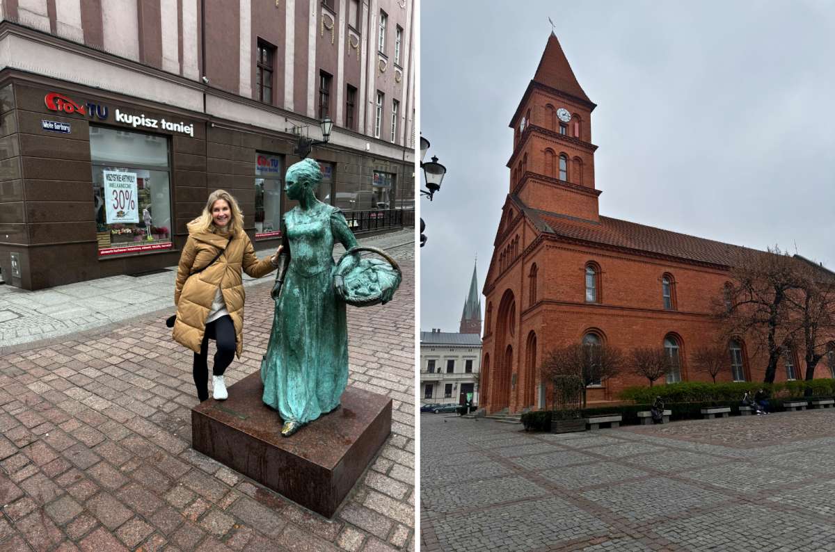 Statue in New Town Market Square and Church of the Holy Trinity in Toruń, Poland, photo by Next Level of Travel