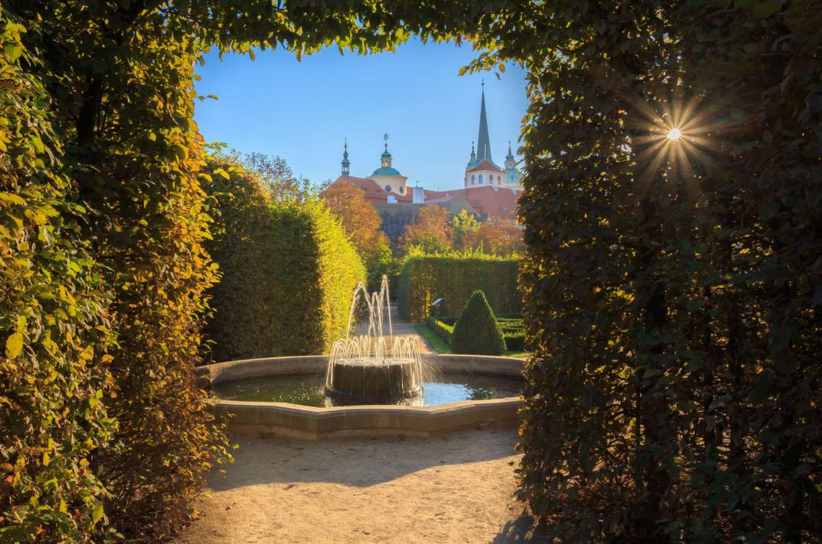Fountain and baroque gardens in Wallenstein Garden in Prague, Czech Republic