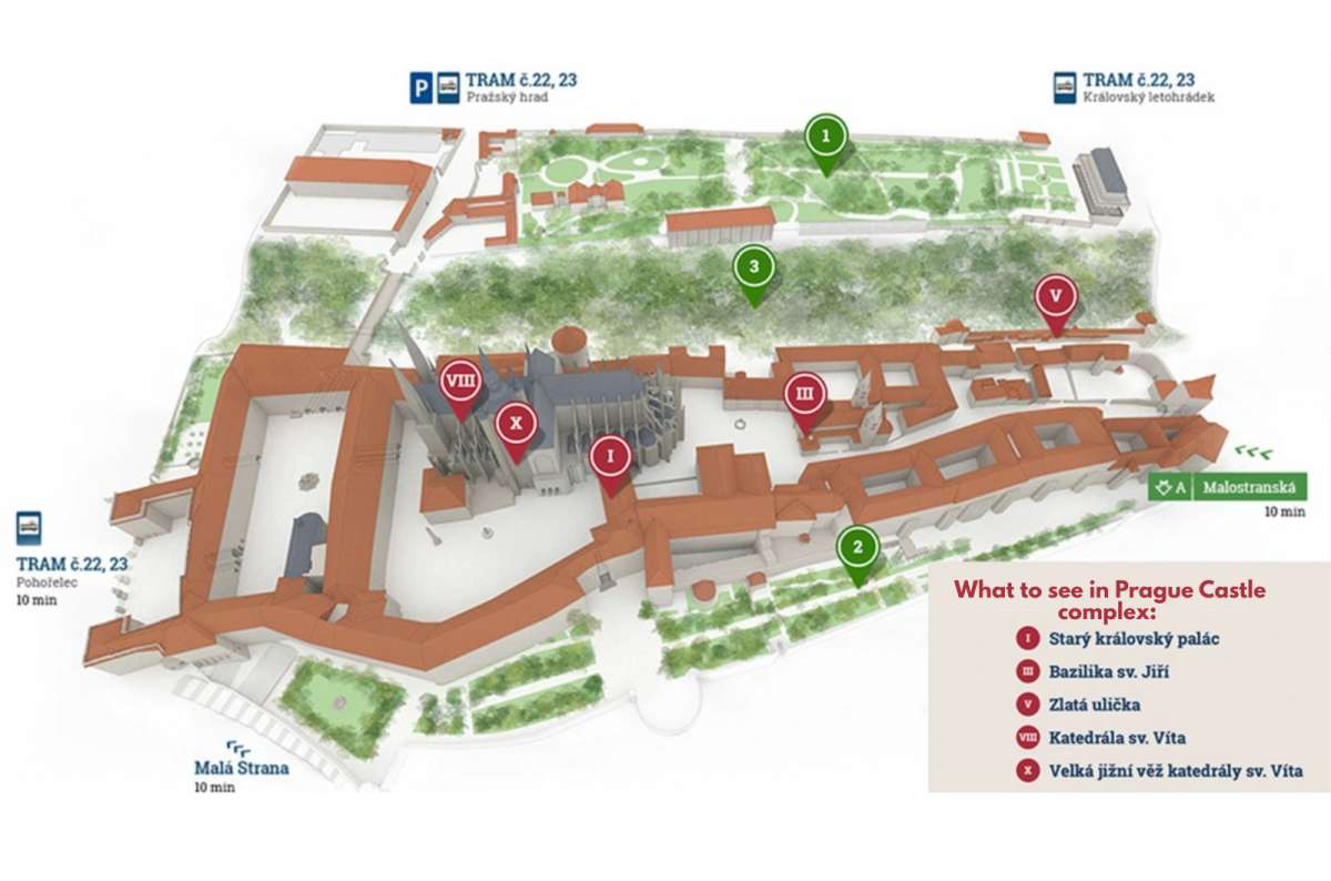 Map of Prague Castle complex with key sights like St. Vitus Cathedral and Golden Lane in Prague, Czech Republic, source: Prague Castle