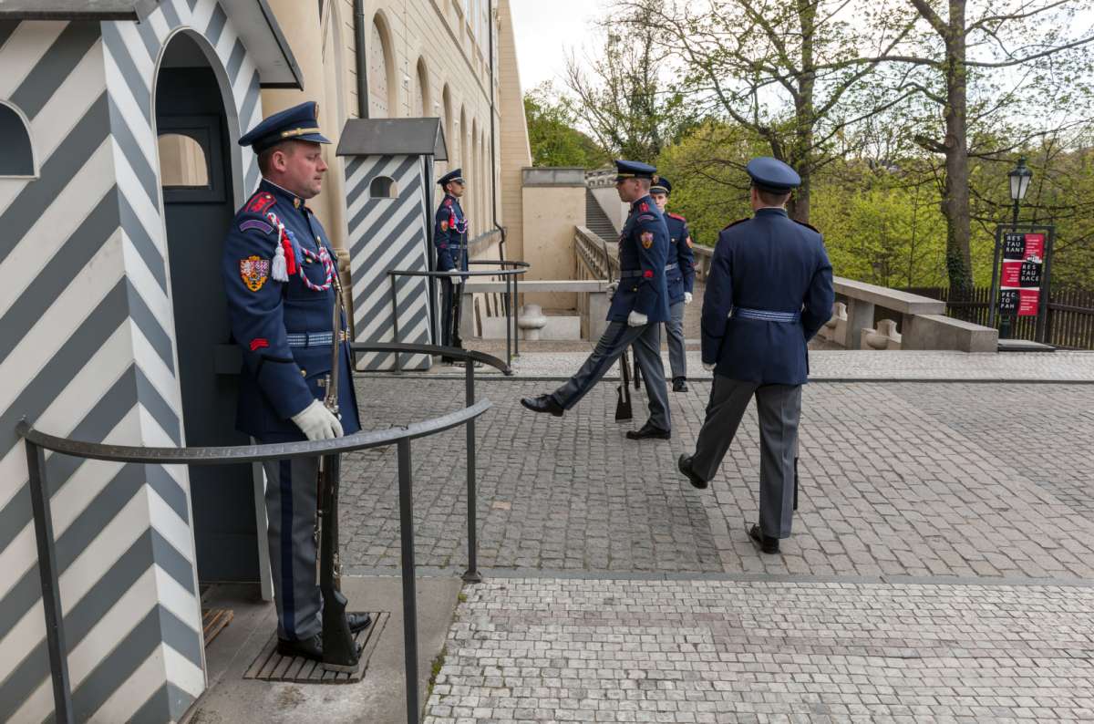 Prague Castle guards during the Changing of the Guard ceremony at Prague Castle in Prague, Czech Republic