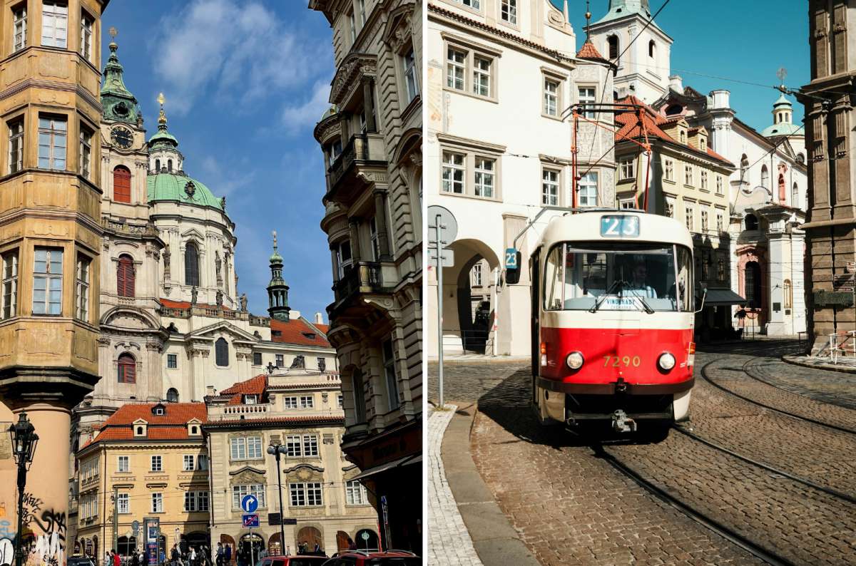St. Nicholas Church and historic buildings in Malá Strana and a Prague tram in Prague, Czech Republic