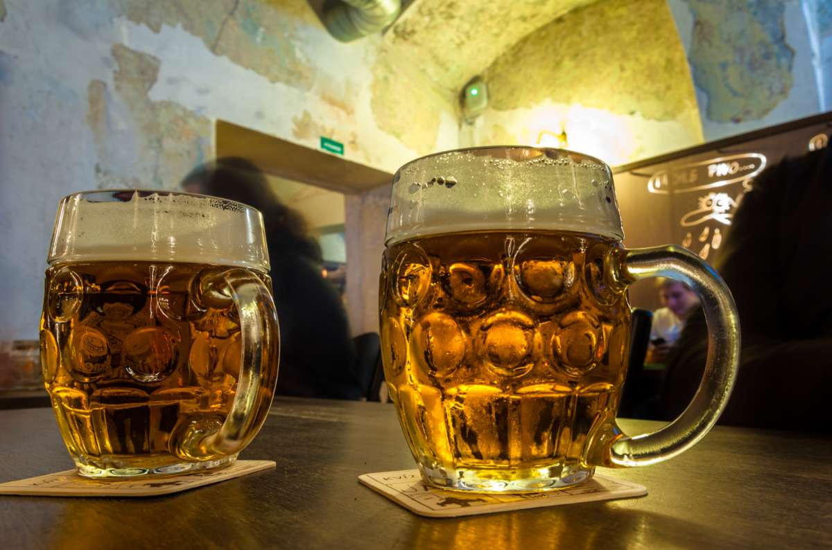 Two glasses of Czech beer in a traditional Prague pub in Prague, Czech Republic
