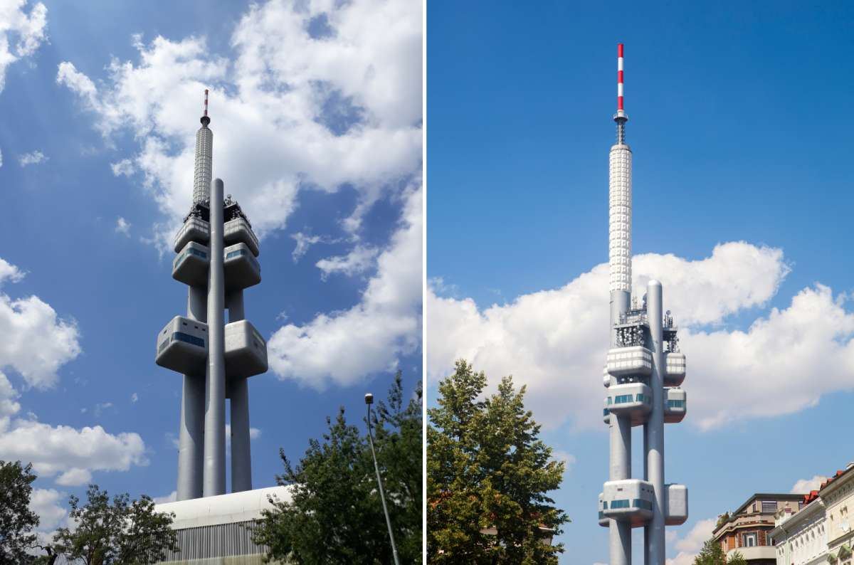 Žižkov TV Tower rising above Prague skyline in Prague, Czech Republic