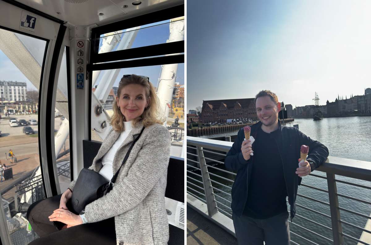  Couple enjoying views from a Ferris wheel and eating ice cream by the waterfront in Gdansk, Poland, photo by Next Level of Travel
