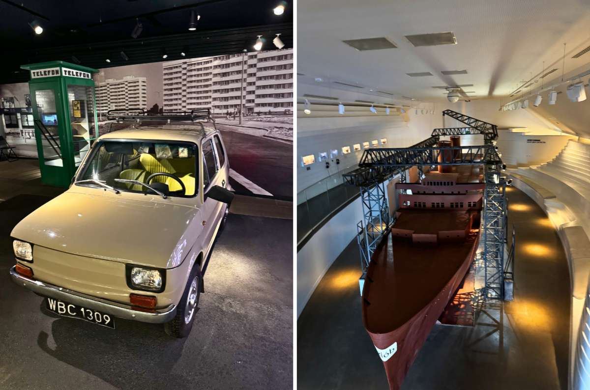 Exhibits at the Museum of Emigration in Gdynia, Poland, featuring a vintage Polish car display and a large model of the MS Batory passenger ship, photo by Next Level of Travel