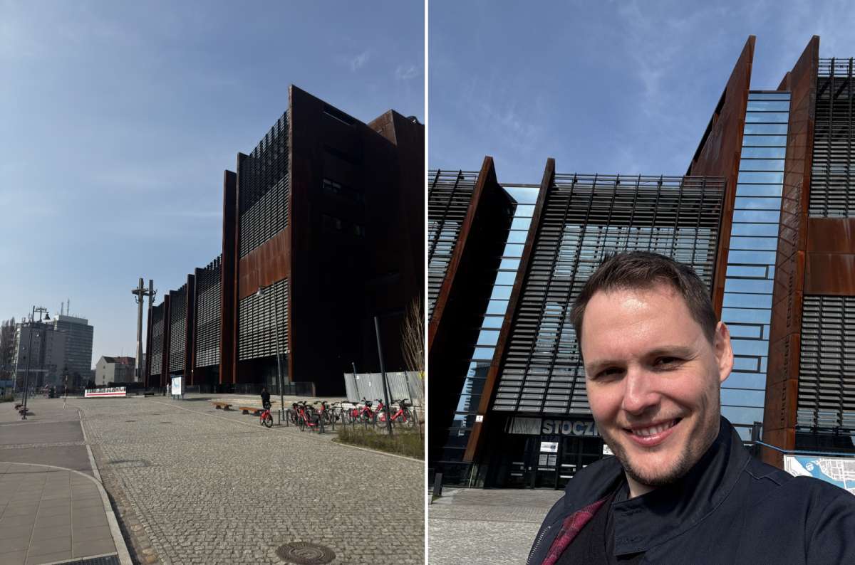 Exterior of the European Solidarity Center in Gdańsk, Poland, modern rust-colored building near the former shipyards, photo by Next Level of Travel