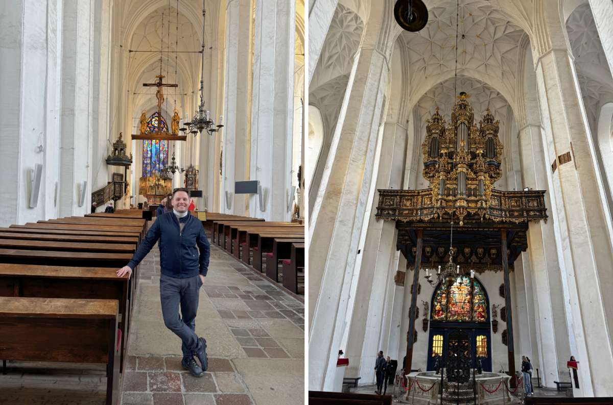 Interior of St. Mary’s Church in Gdansk, Poland with Gothic vaults, stained glass, and ornate organ, photo by Next Level of Travel
