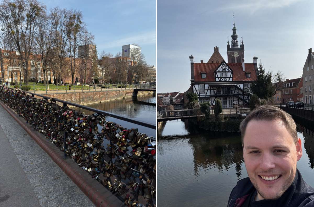 Love locks covering the Bridge of Love (Bread Bridge) over the Motława River in Gdansk, Poland, with waterfront buildings and historic architecture in the background, photo by Next Level of Travel