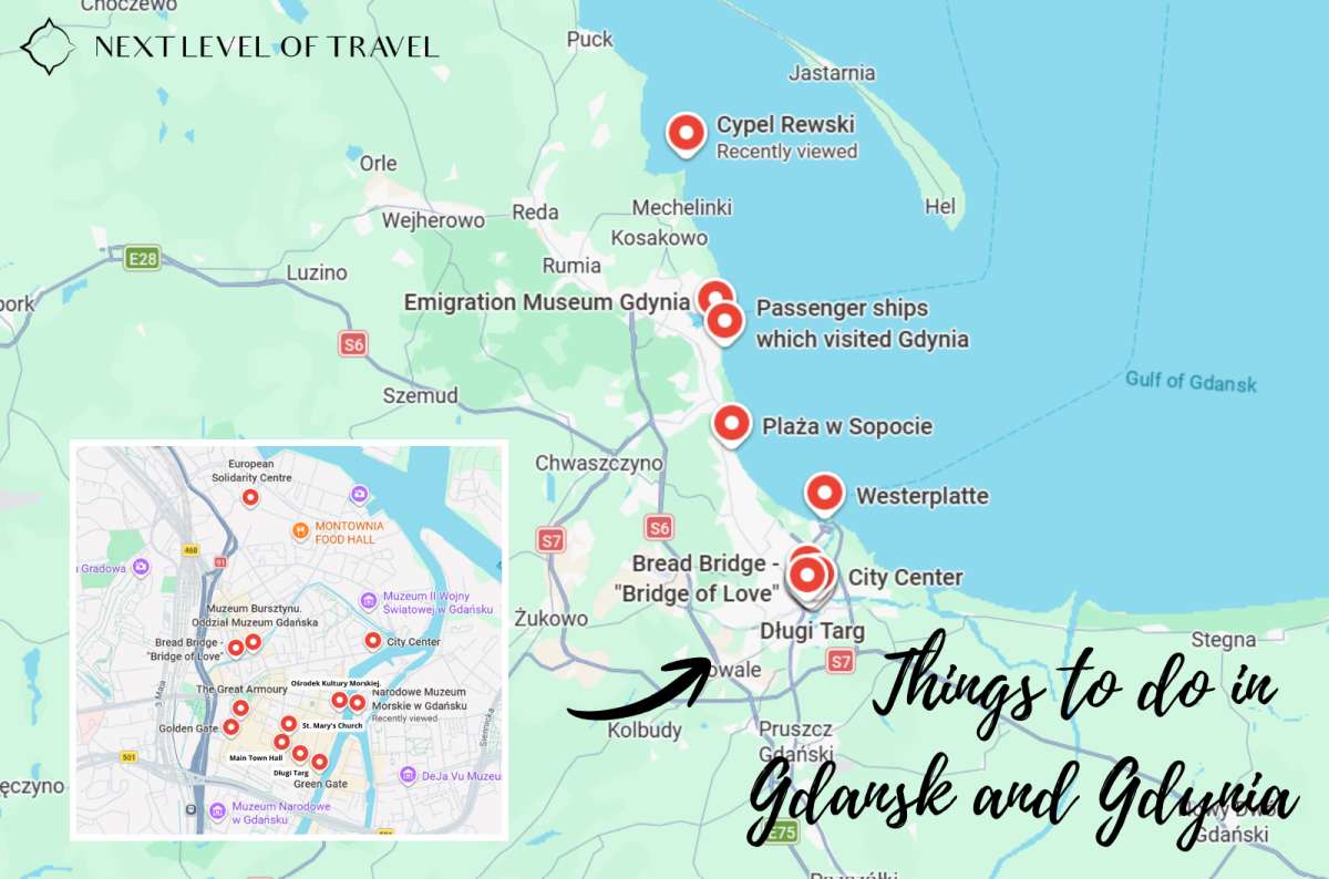 Map of top things to do in Gdansk, Gdynia, and Sopot, Poland, including Westerplatte, Długi Targ, European Solidarity Centre, and others, created by Next Level of Travel
