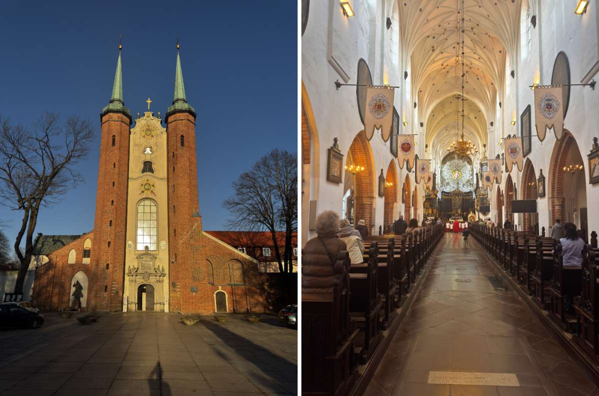 Oliwa Cathedral (Archikatedra Oliwska) exterior and nave interior in Gdansk Oliwa, Poland, photo by Next Level of Travel