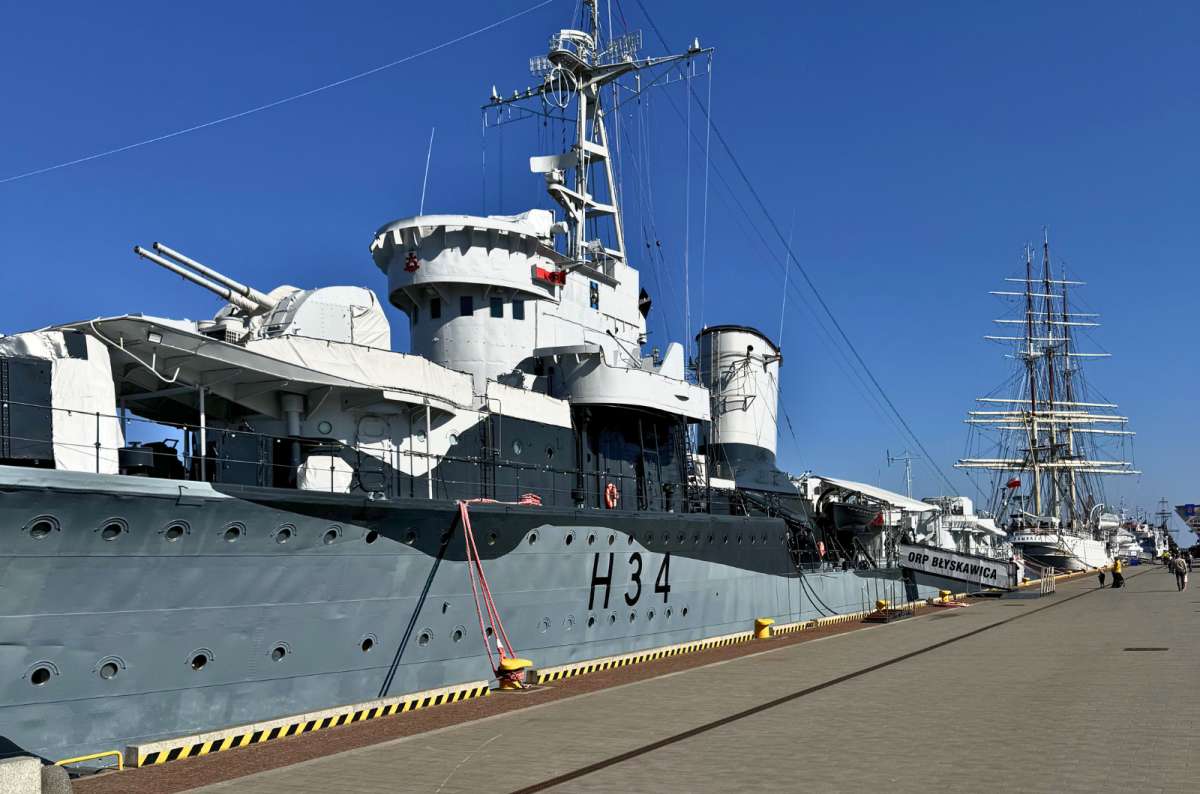 ORP Błyskawica destroyer and Dar Pomorza tall ship docked at Pomeranian Quay in Gdynia, Poland, photo by Next Level of Travel