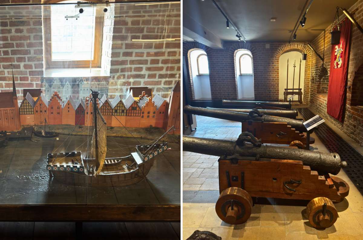 Ship model and historic cannons inside the National Maritime Museum in Gdansk, Poland, photo by Next Level of Travel