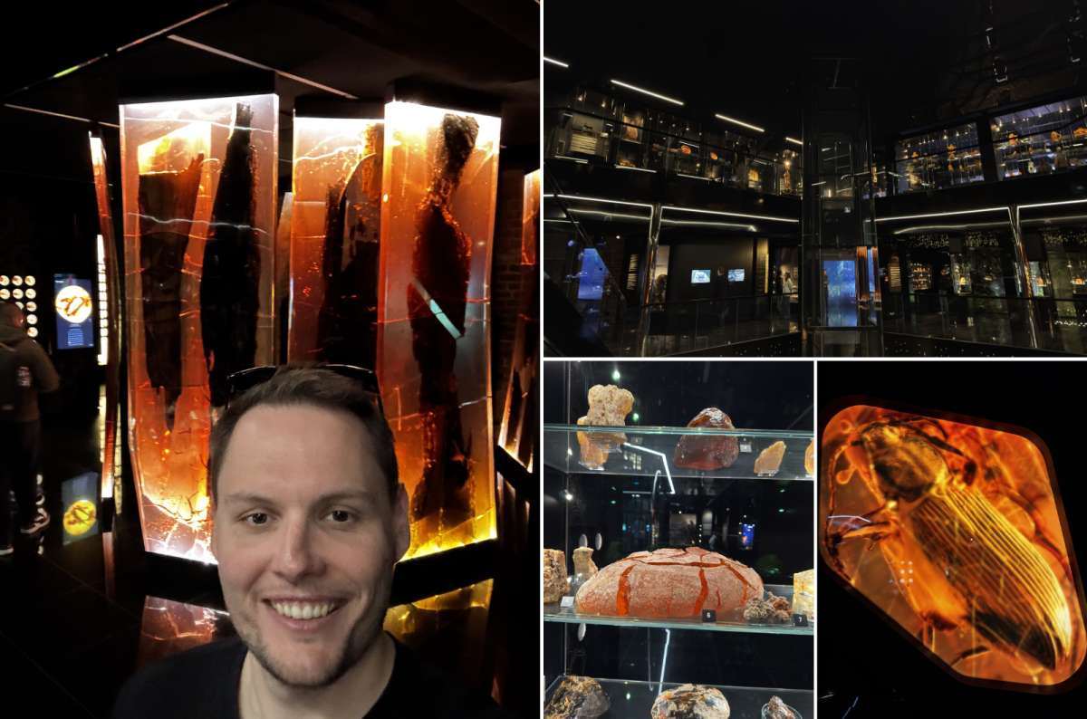 a collage of photos from the Amber museum in Gdansk showing the unique collection, Poland, photo by Next Level of Travel