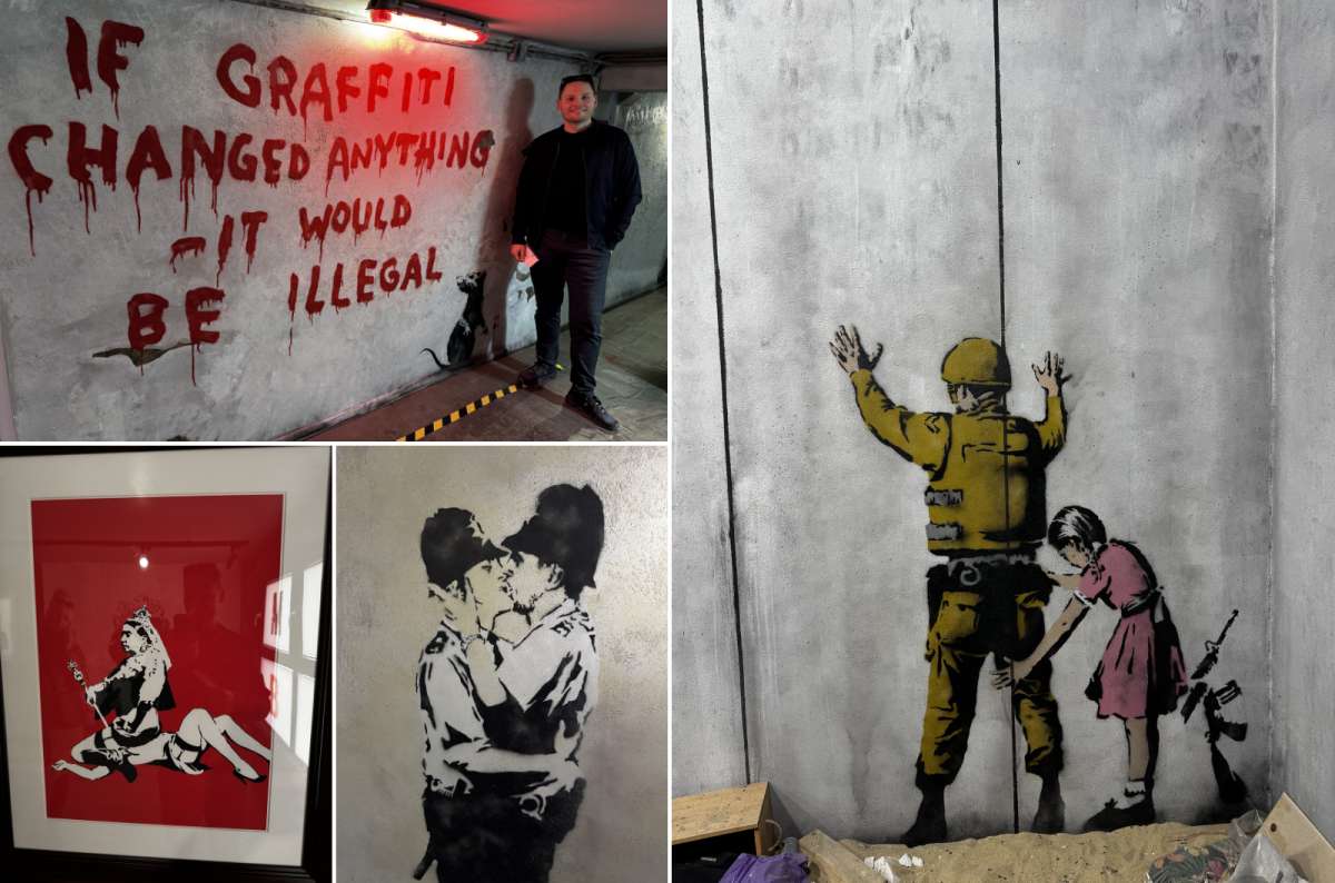 a collage of photos from the Banky Museum in Krakow and a tourist posing in front of one of the most famous art pieces, Poland, photo by Next Level of Travel