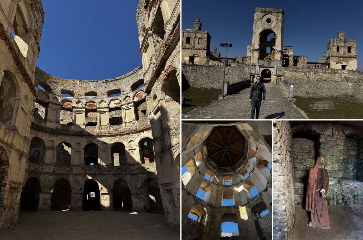 a collage of photos from the Krzyztopor Castle, displaying the unique architecture and the effect time has had on the ruins, Poland, photo by Next Level of Travel