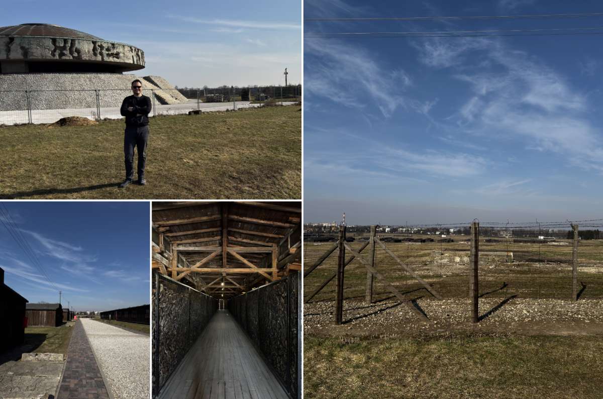 a collage of photos from the Majdanek Concentration Camp near Lublin, showing the environment and the memorial stone nearby, Poland, photo by Next Level of Travel