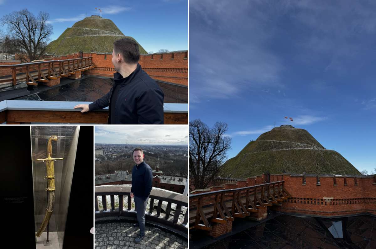 a collage of photos from the Mount Kosciuszko Museum with a tourist posing in front of the vies, Krakow, Poland, photo by Next Level of Travel