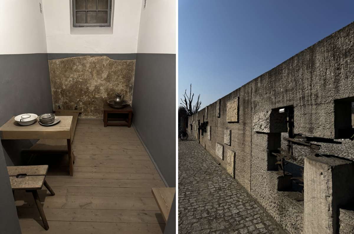a collage of photos from the Museum of Pawiak Prison showing the outside of the area and the inside of the cells, Warsaw, Poland, photo by Next Level of Travel